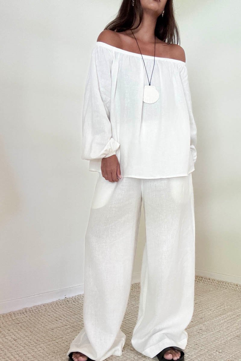 2 Piece Linen Off The Shoulder Top & Pants Sets