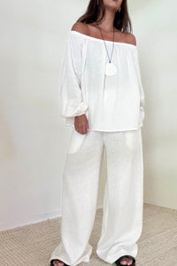 2 Piece Linen Off The Shoulder Top & Pants Sets