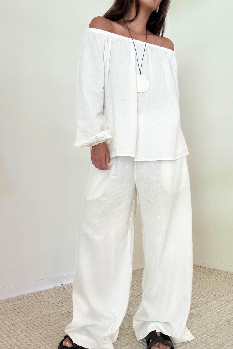2 Piece Linen Off The Shoulder Top & Pants Sets
