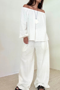 2 Piece Linen Off The Shoulder Top & Pants Sets