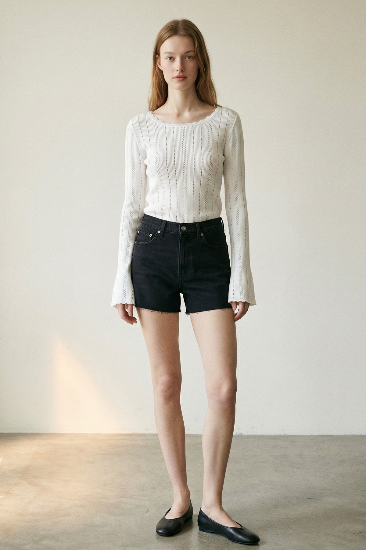 Pointelle Knit Boat Neck Top