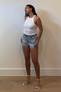 Mid Rise Elastic Band Denim Shorts