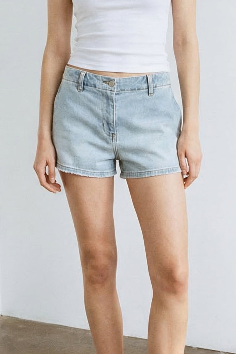 Mid Rise Elastic Band Denim Shorts