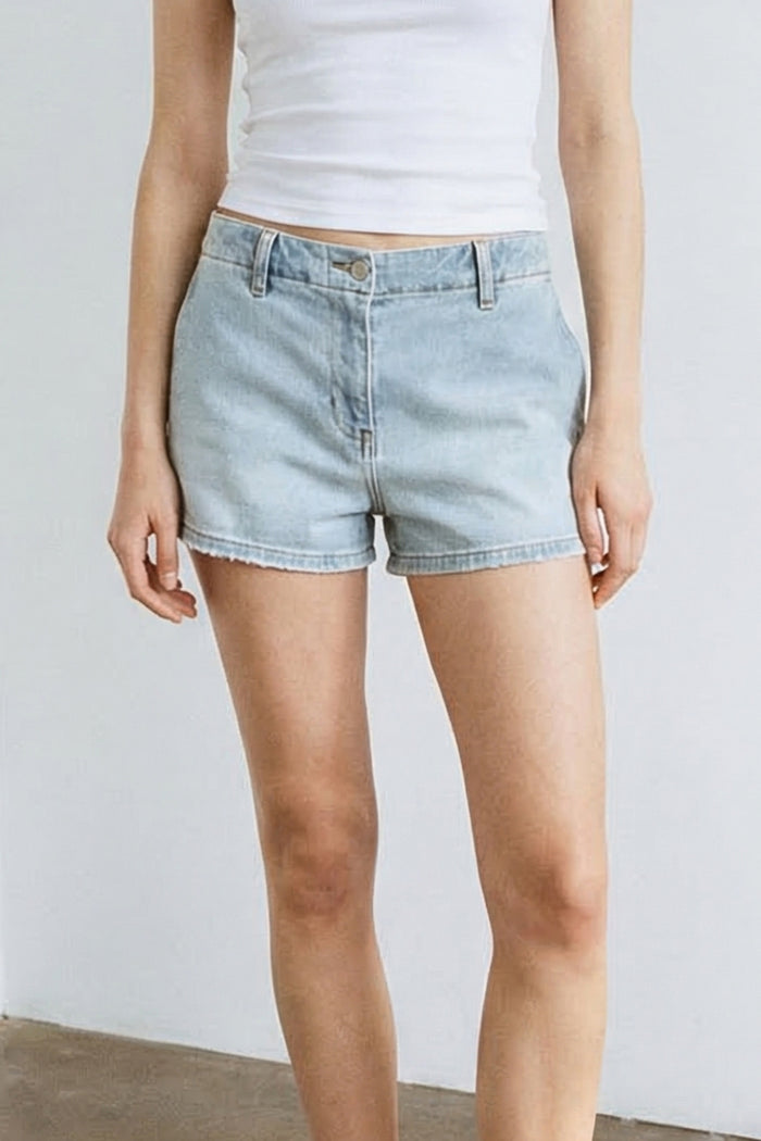 Mid Rise Elastic Band Denim Shorts