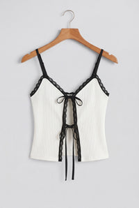Contrast Lace Trim Front Tie Top