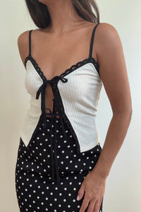 Contrast Lace Trim Front Tie Top