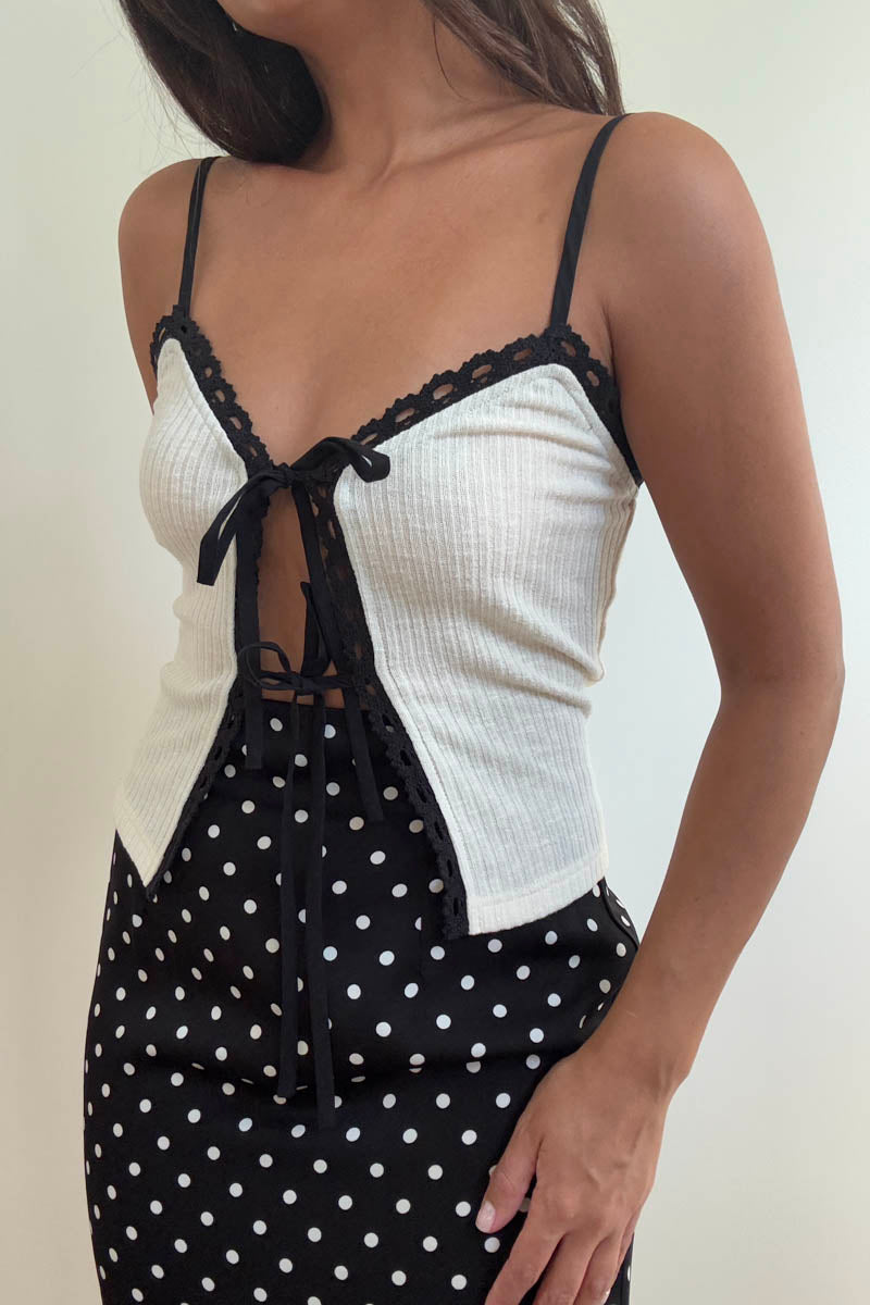 Contrast Lace Trim Front Tie Top