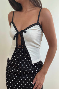 Contrast Lace Trim Front Tie Top