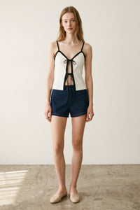 Contrast Lace Trim Front Tie Top