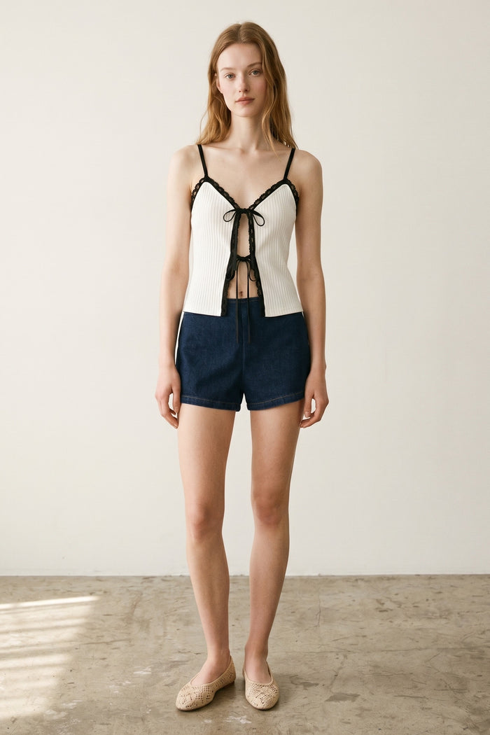 Contrast Lace Trim Front Tie Top