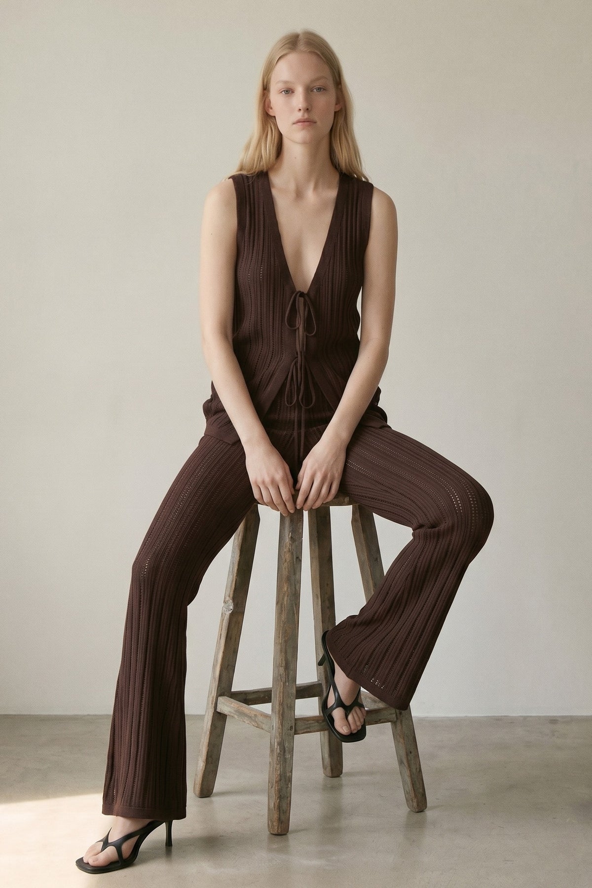 Openwork Tie Front Knit Vest Set