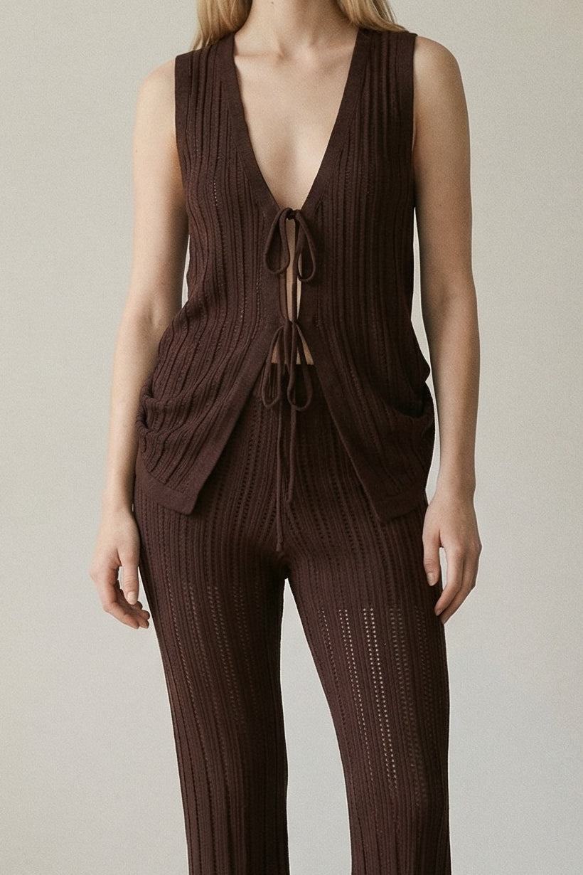 Openwork Tie Front Knit Vest Set