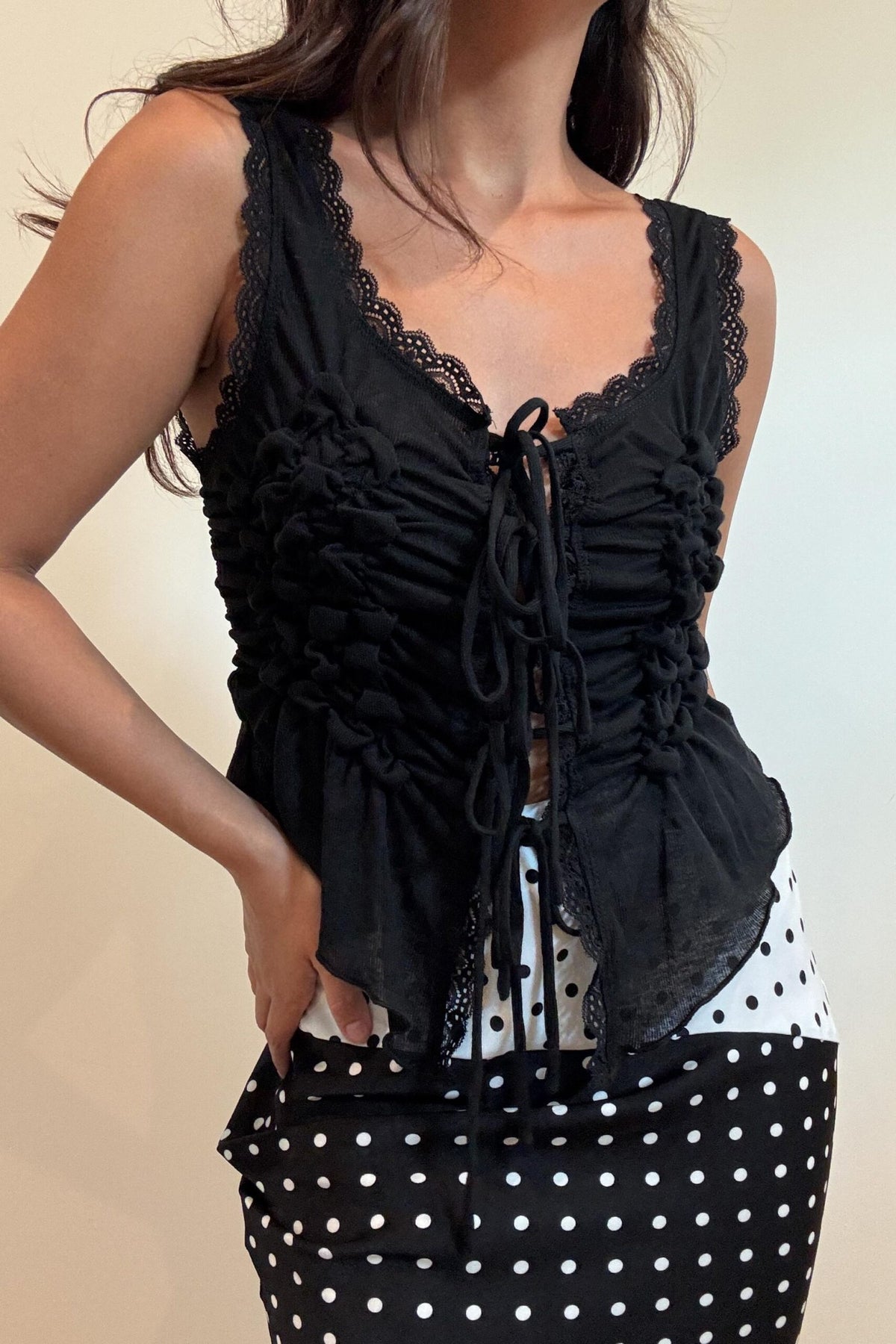 Sleeveless Front Tie Ruched Top