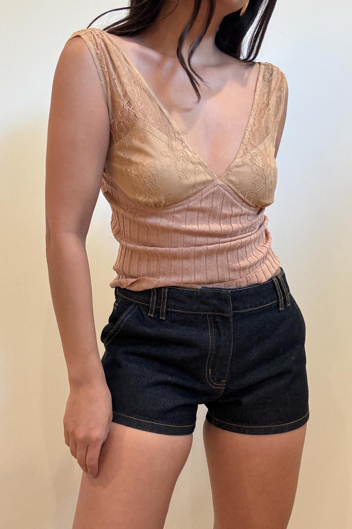 Contrast Sheer Lace Ribbed Bodice Top