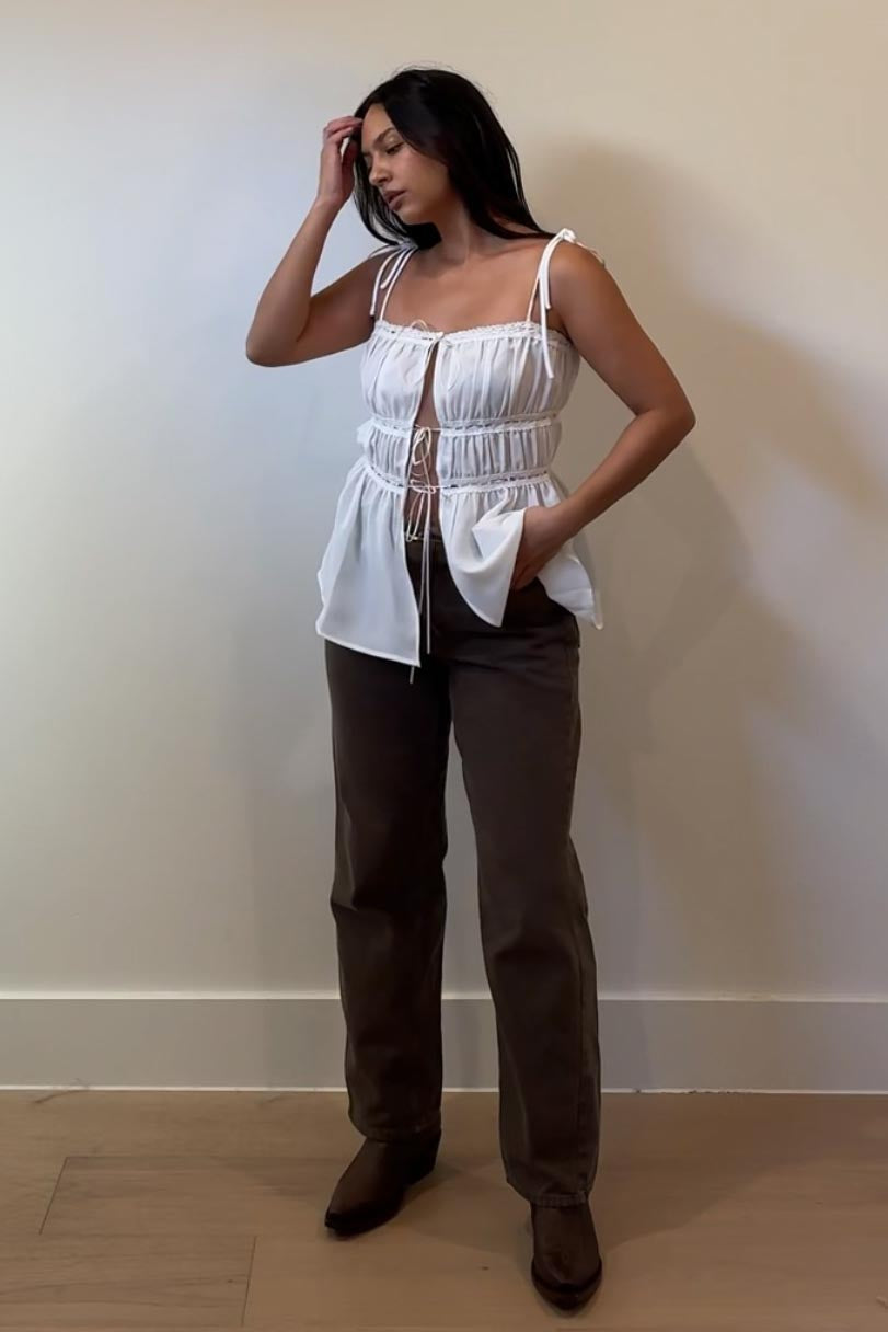 Shirred Lace Trim Tie Front Top