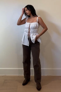 Shirred Lace Trim Tie Front Top