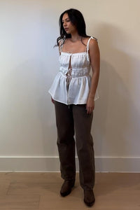 Shirred Lace Trim Tie Front Top
