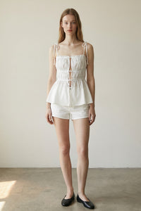 Shirred Lace Trim Tie Front Top