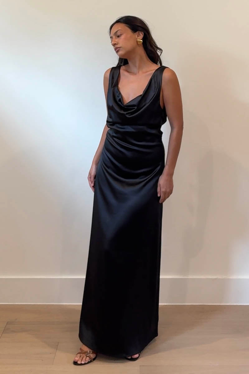 Satin Cowl Neck Maxi Flare Dress