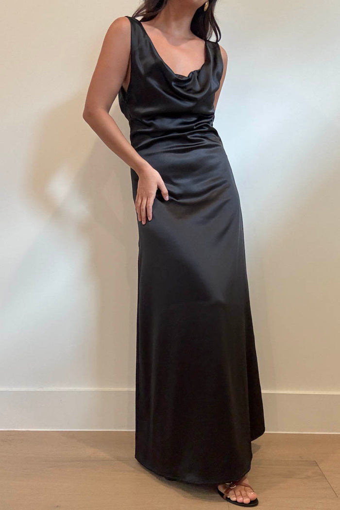 Satin Cowl Neck Maxi Flare Dress