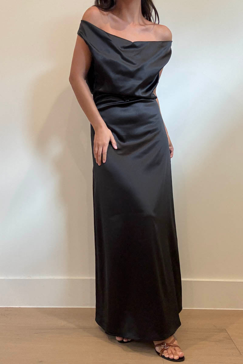 Satin Cowl Neck Maxi Flare Dress