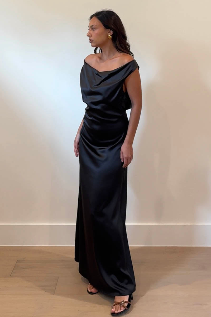 Satin Cowl Neck Maxi Flare Dress