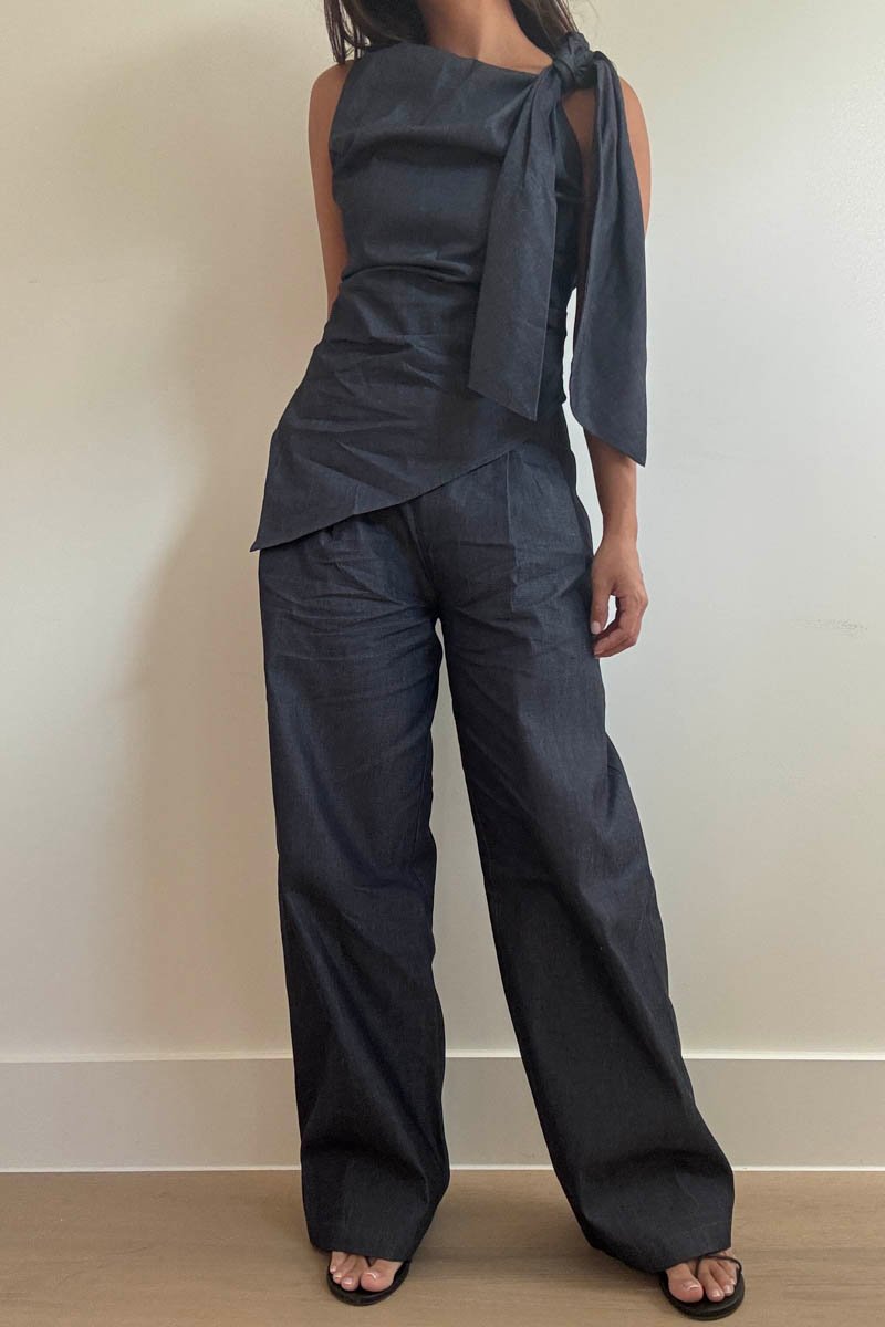 Wide Leg Pleated Cotton Pants