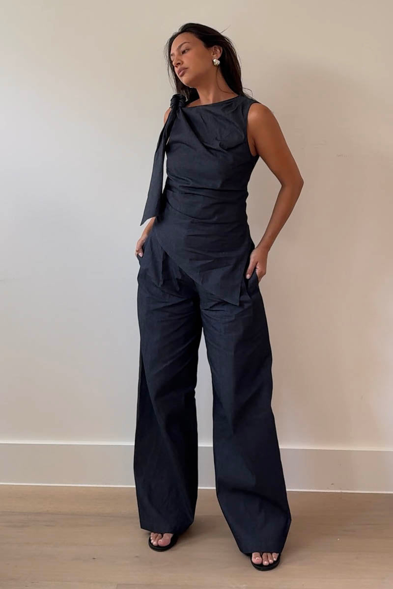 Wide Leg Pleated Cotton Pants
