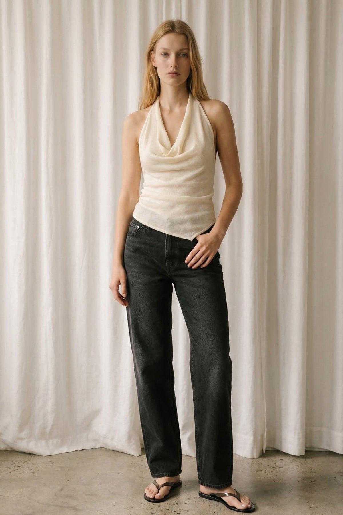 Draped Knit Asymmetric Hem Top