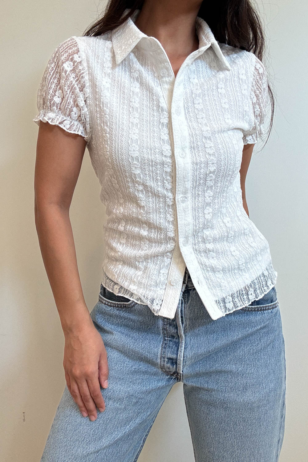 Lace Short Sleeve Button Down Top
