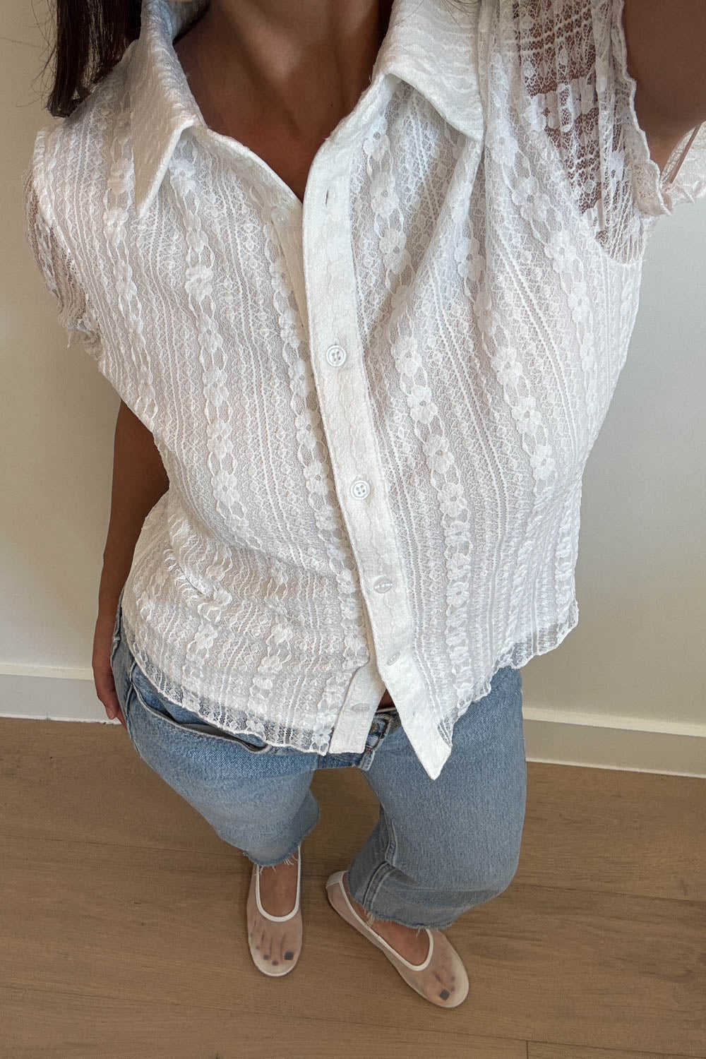 Lace Short Sleeve Button Down Top