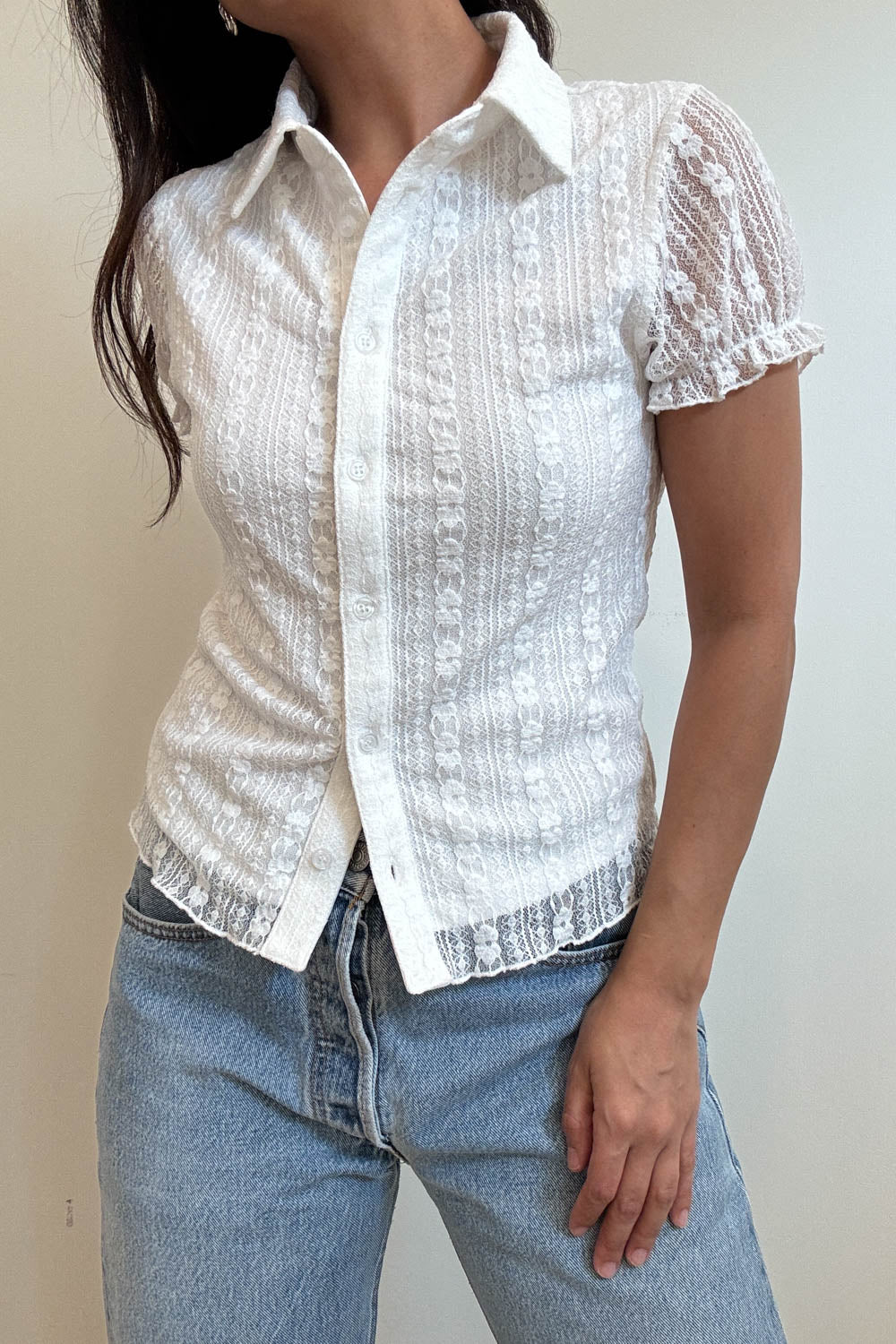 Lace Short Sleeve Button Down Top