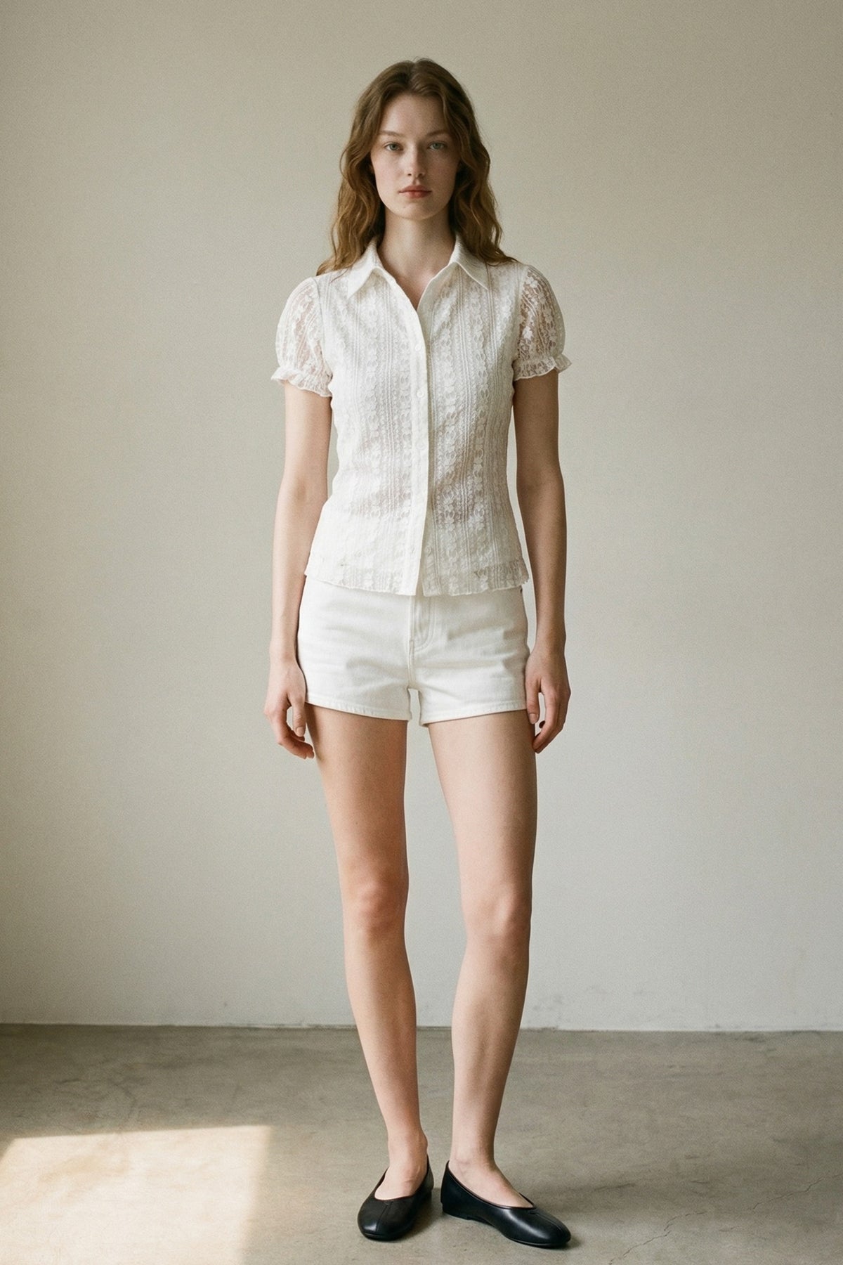 Lace Short Sleeve Button Down Top