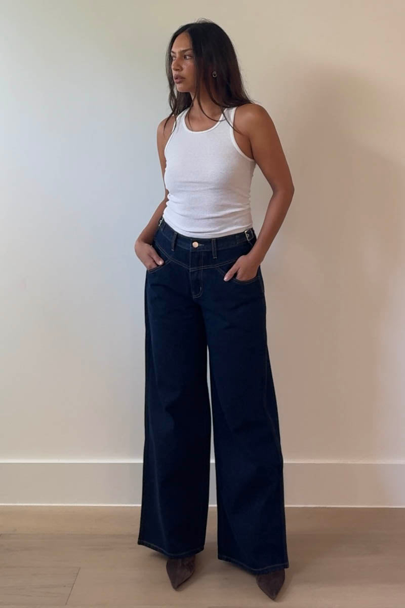 Buckle Waist Wide Leg Jean
