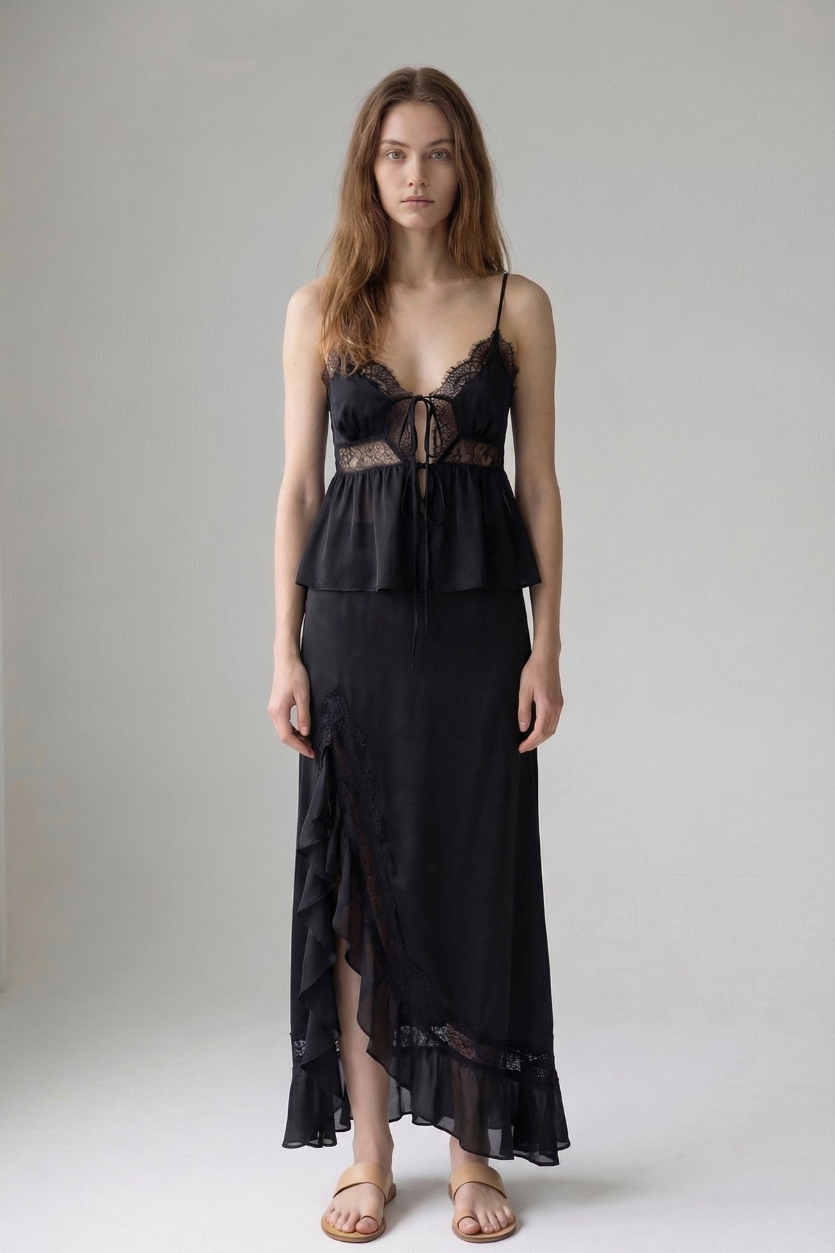 Lace Trim Tie Top And Split Maxi Skirt Set