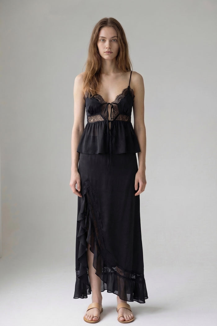 Lace Trim Tie Top And Split Maxi Skirt Set