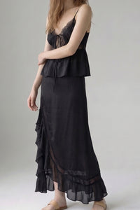 Lace Trim Tie Top And Split Maxi Skirt Set