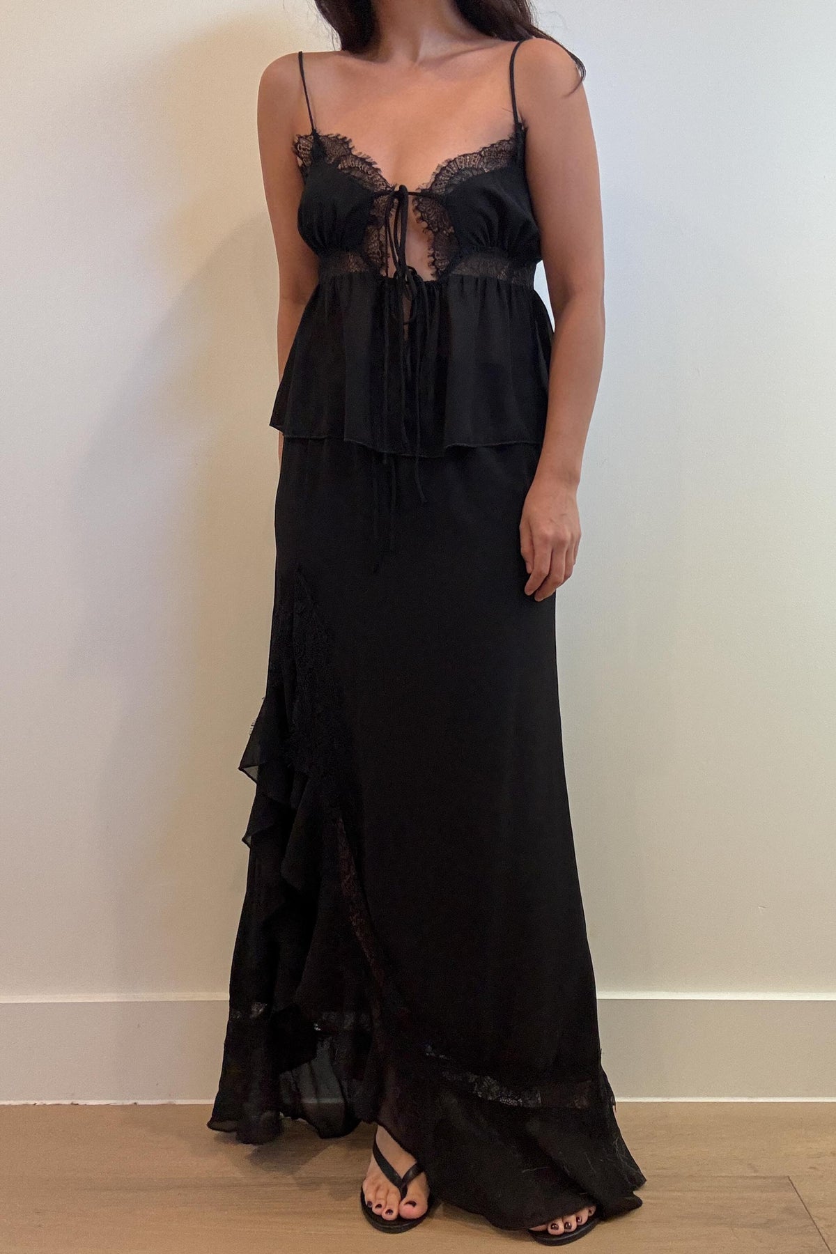 Lace Trim Tie Top And Split Maxi Skirt Set