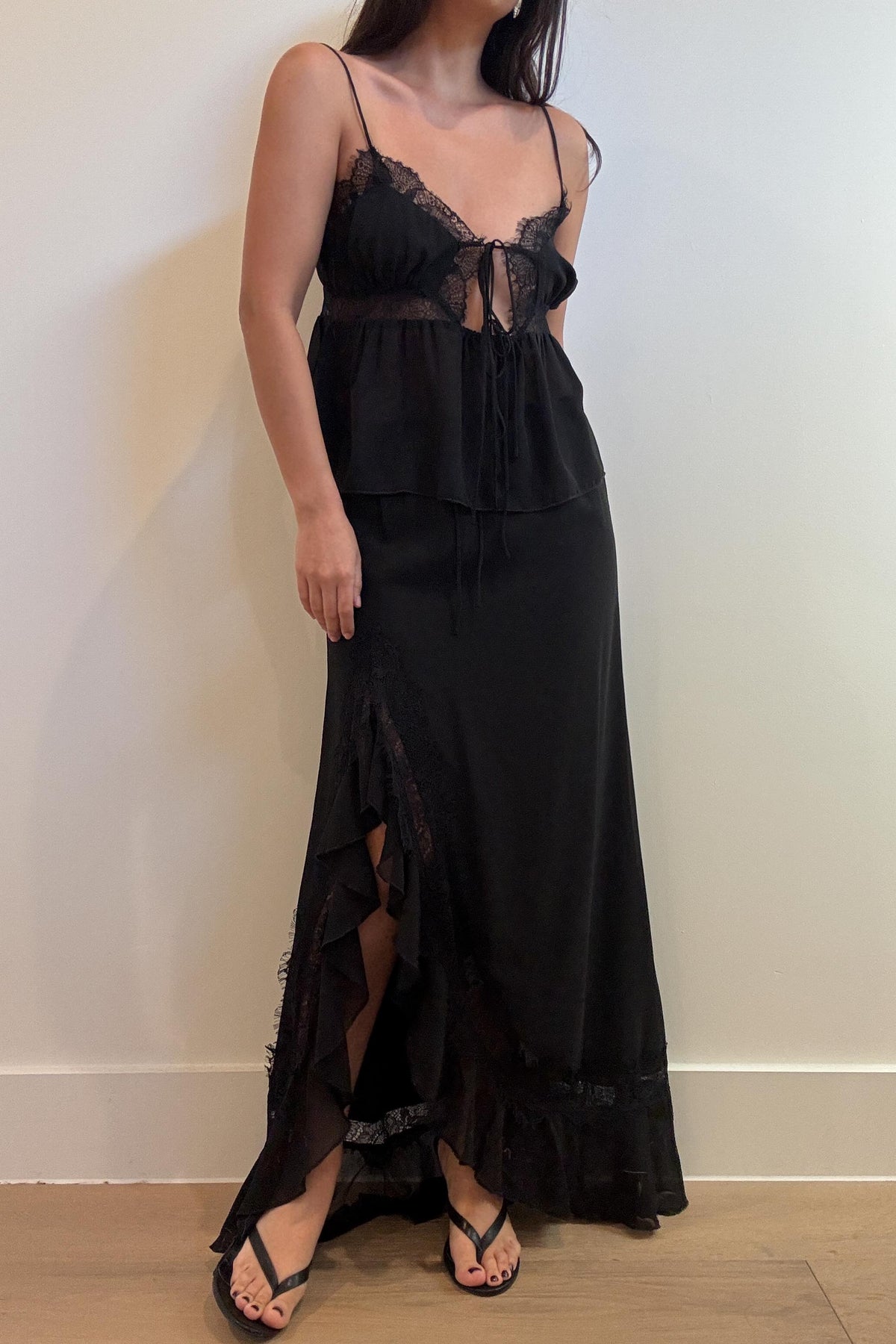Lace Trim Tie Top And Split Maxi Skirt Set