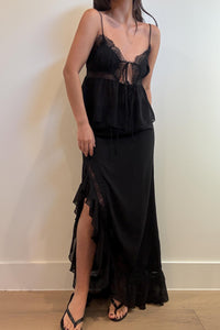 Lace Trim Tie Top And Split Maxi Skirt Set