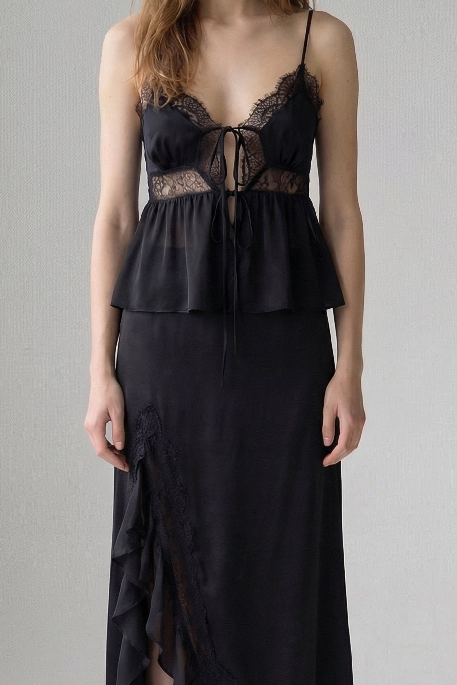 Lace Trim Tie Top And Split Maxi Skirt Set