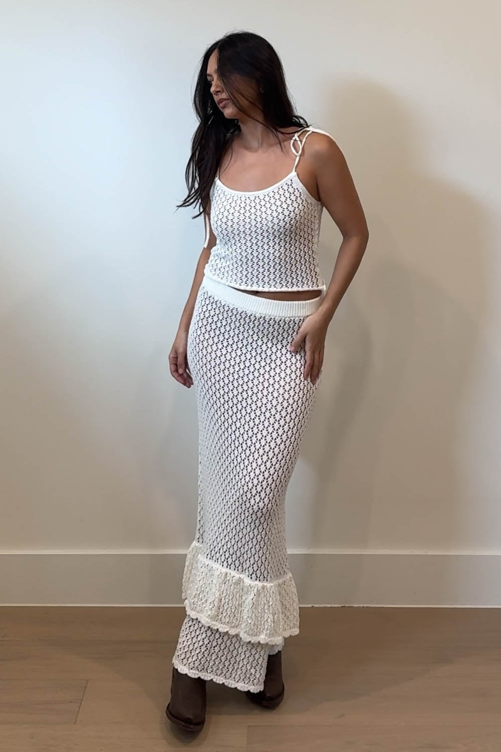 Crochet Knit Cami Top Ruffle Skirt Set