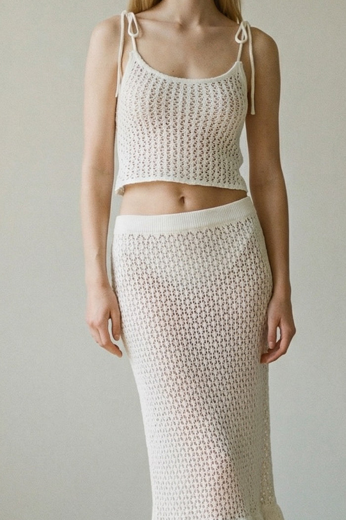 Crochet Knit Cami Top Ruffle Skirt Set