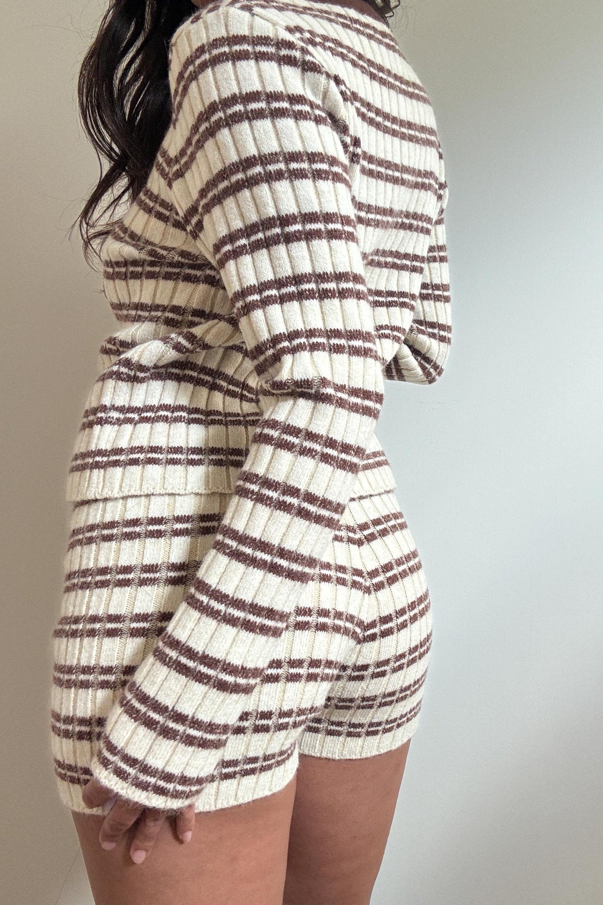 Stripe Knitted Cardigan With Shorts Set