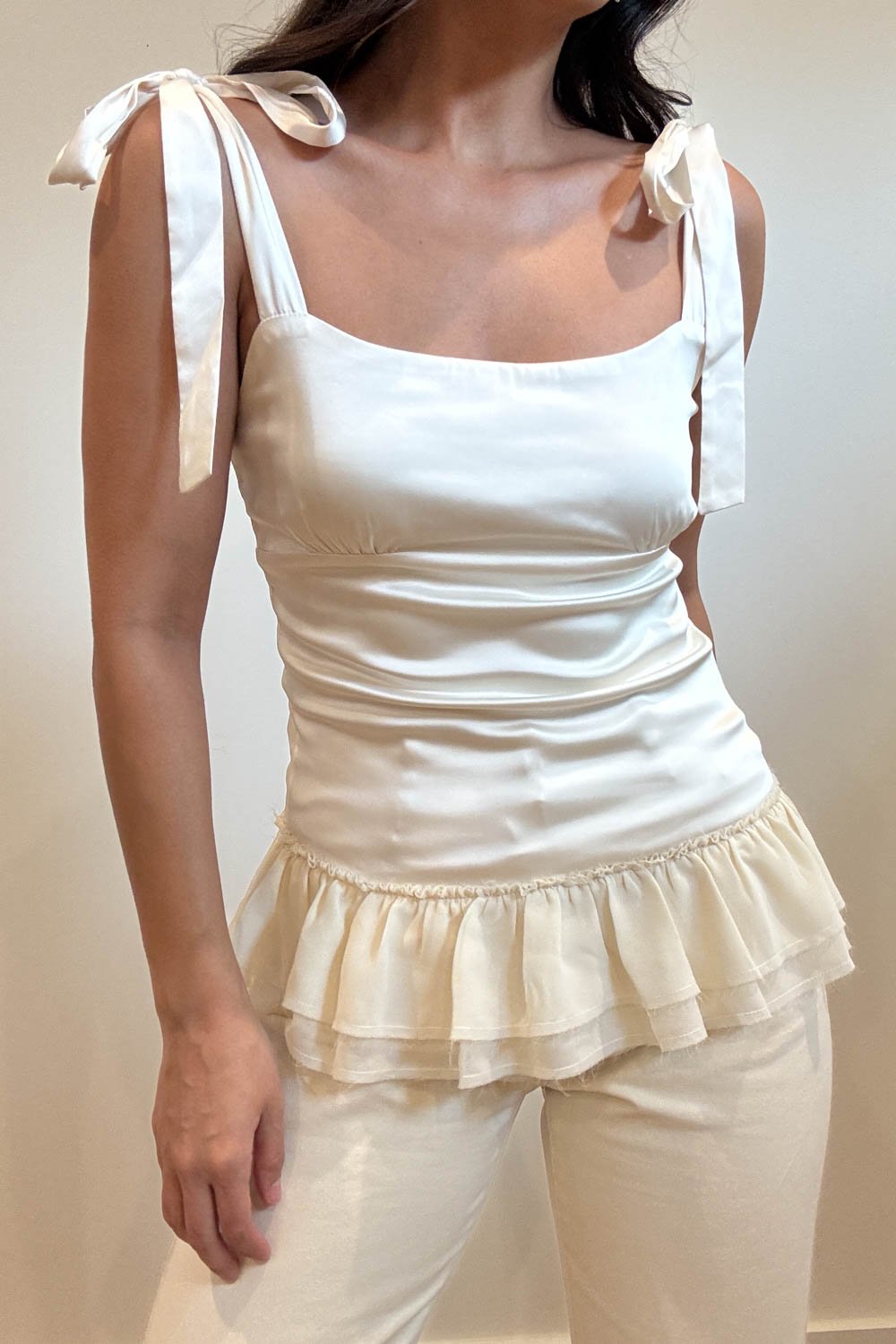 Satin Tie-Up Frill Hem Strappy Top