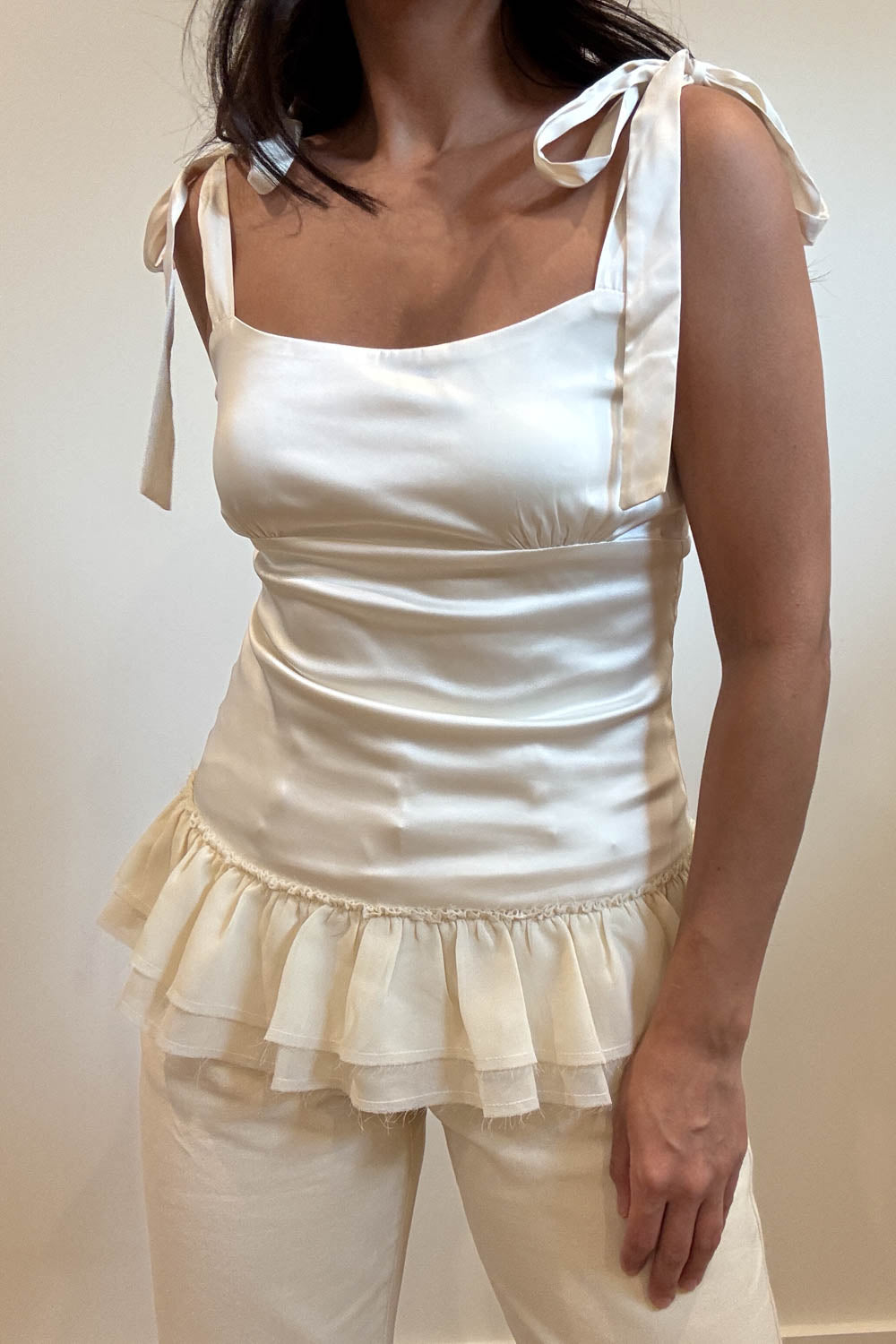 Satin Tie-Up Frill Hem Strappy Top