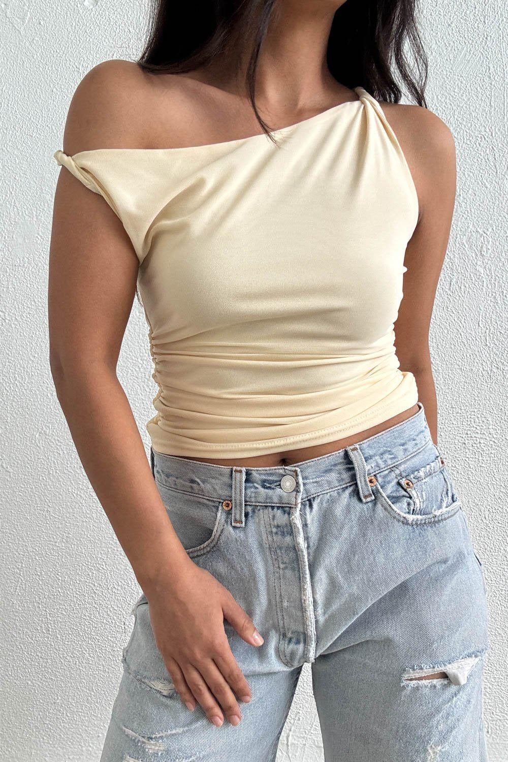 Asymmetrical One Shoulder Stretch Knit Twist Top