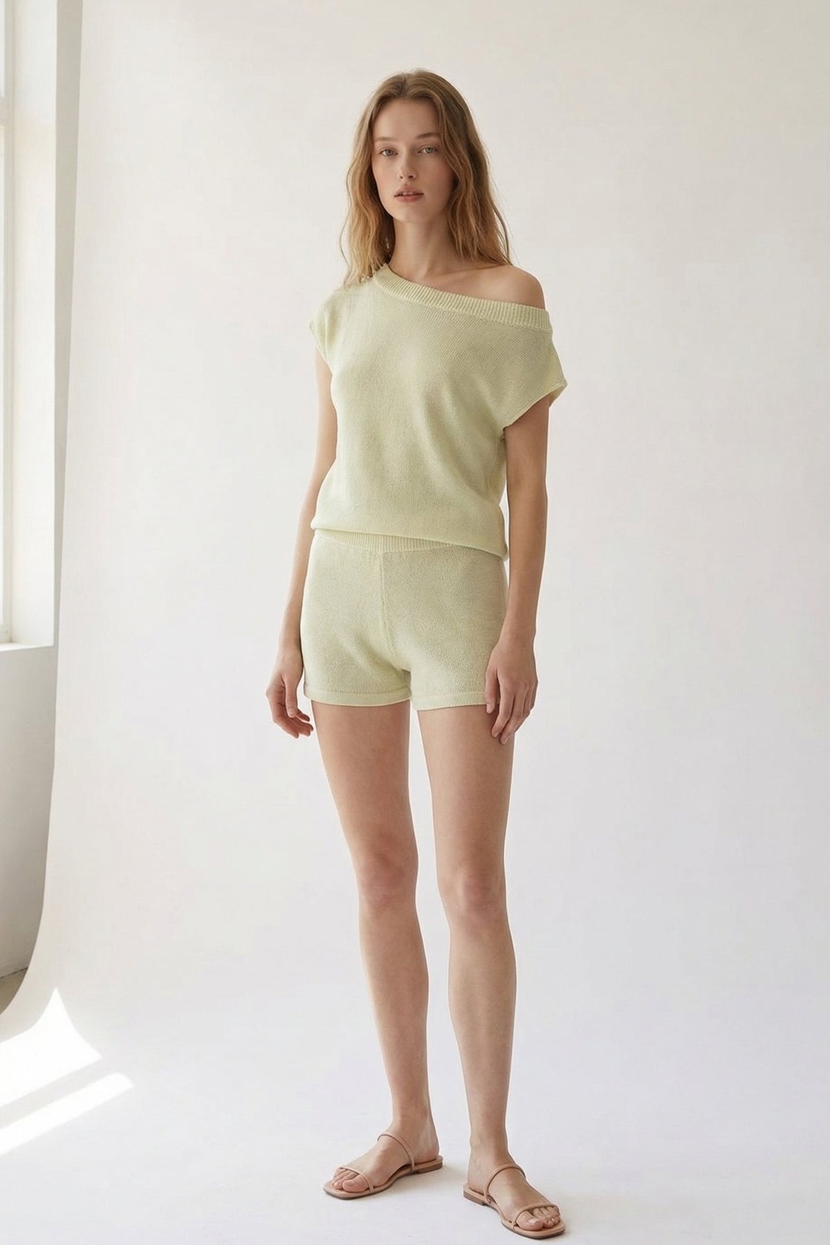 One Shoulder Knit Top and Shorts Set