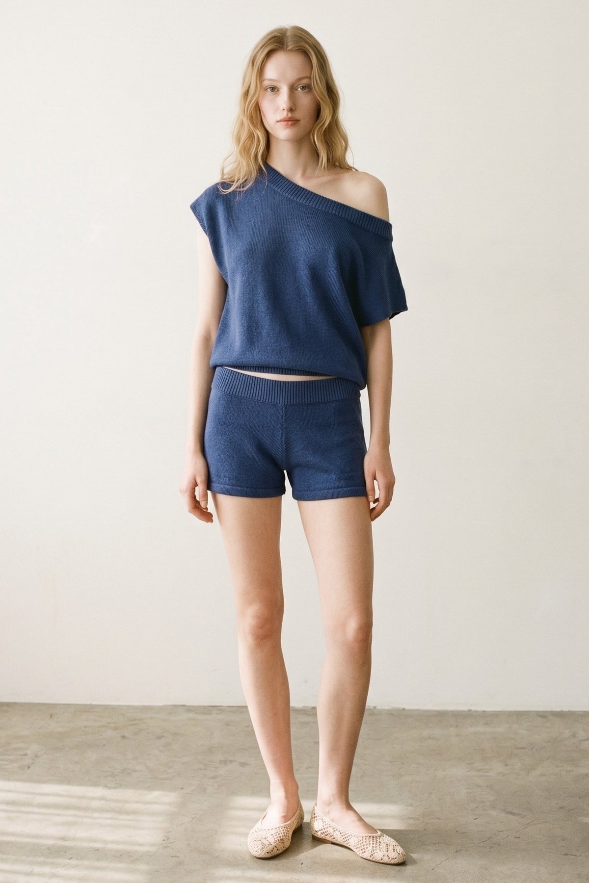 One Shoulder Knit Top and Shorts Set