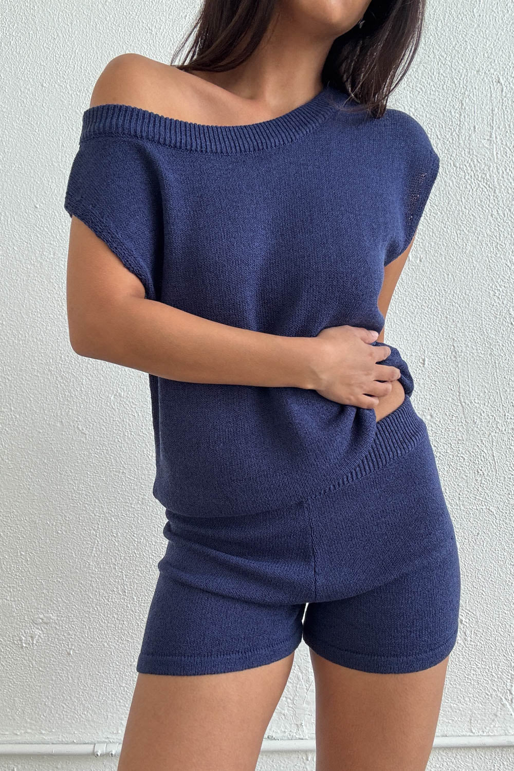 One Shoulder Knit Top and Shorts Set